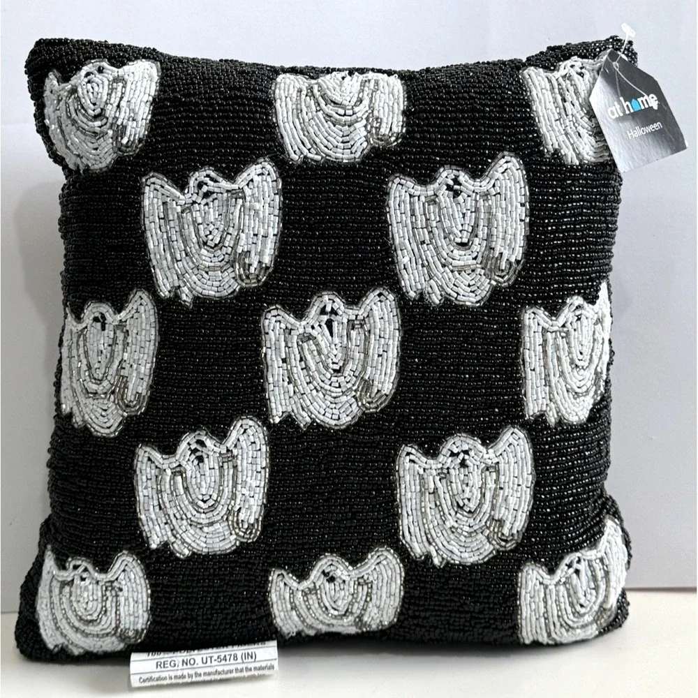 Beaded Halloween Square Pillow Black & White 